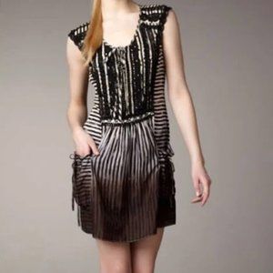 Nanette Lepore Racing Stripe Dress Mini Silk Crochet Lace Black Brown Size 6